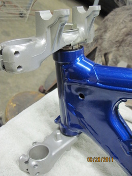 Honda XR200 frame in Blue Odyssey over Super Chrome; trees in Silver Glaze