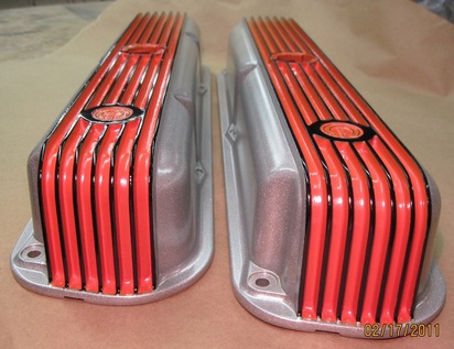 One-off Mopar Cal Custom valve covers in Alien Silver, Hemi Orange and Ink Black