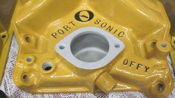 Small block Mopar Offenhauser PortOSonic intake manifold in Corsair Gold and Silk Satin Black