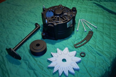 Bosch alternator housing and brackets in Silk Satin Black; hardware & fan in Blasted Steel