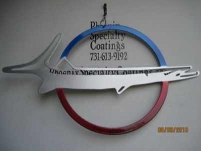 Custom 2-sided Barracuda emblem sign in Blue Odyssey, Alien Silver and Wilder Red