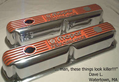 Custom polished small block Mopar Performance valve covers in Hemi Orange