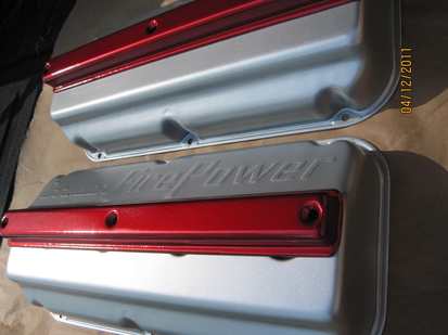 Chrysler FirePower hemi valve covers in Pacific Silver; covers in Wilder Red over Super Chrome